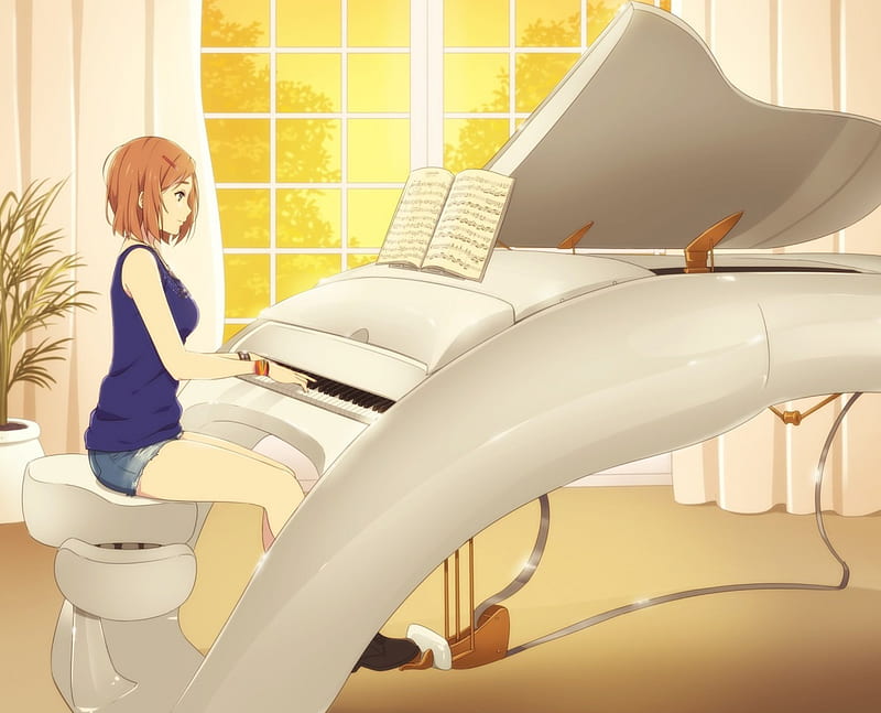 piano practice, cute, pretty, girl, anime, piano, HD wallpaper