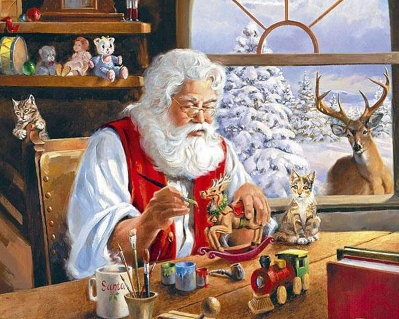 Santa In The Workshop, santa, window, christmas, toys, deer, HD wallpaper