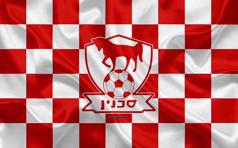 Bnei Sakhnin FC Israeli Premier League, red and white checkered flag, Israeli football club, silk flag, football, soccer, Bnei Sakhnin logo, Israel, HD wallpaper