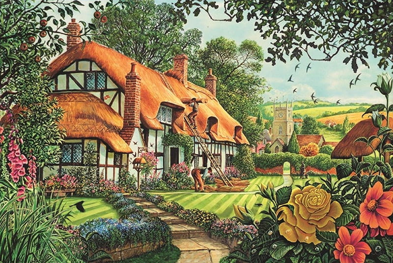 The Thatchers Cottage, cottage, thatch, flowers, village, garden, church, HD wallpaper