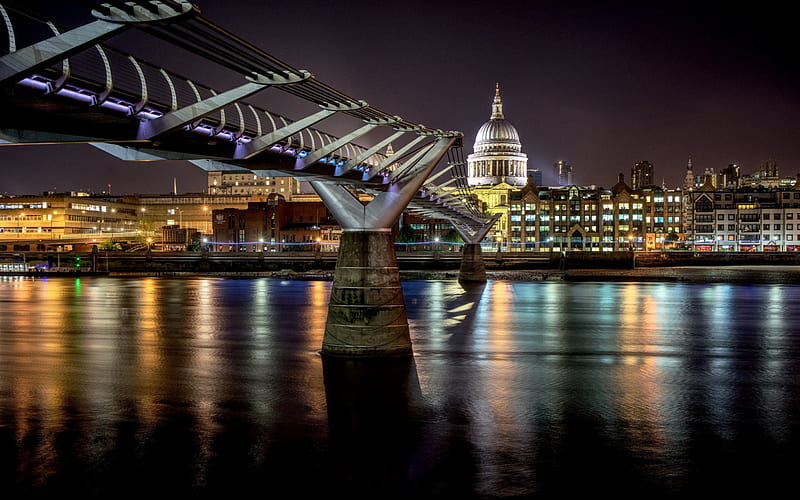 Millennium Bridge, evening, Thames, London, landmark, England, UK, HD wallpaper