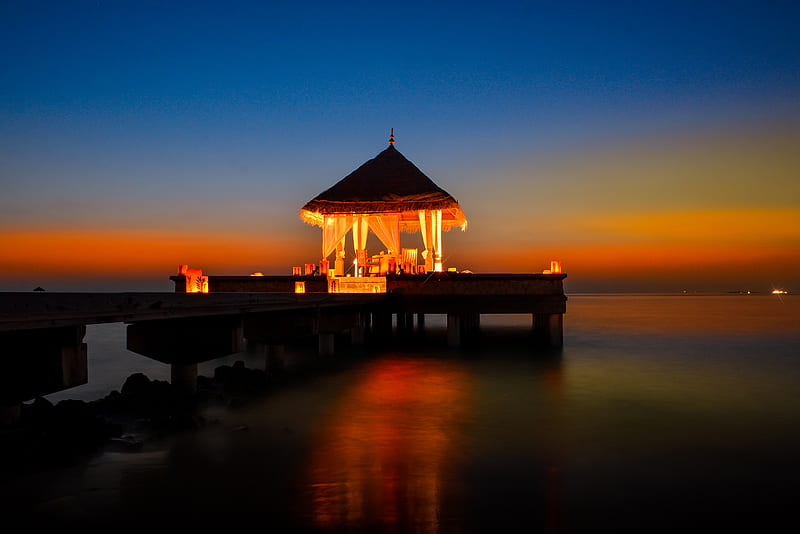 gazebo, pier, ocean, sunset, romance, HD wallpaper