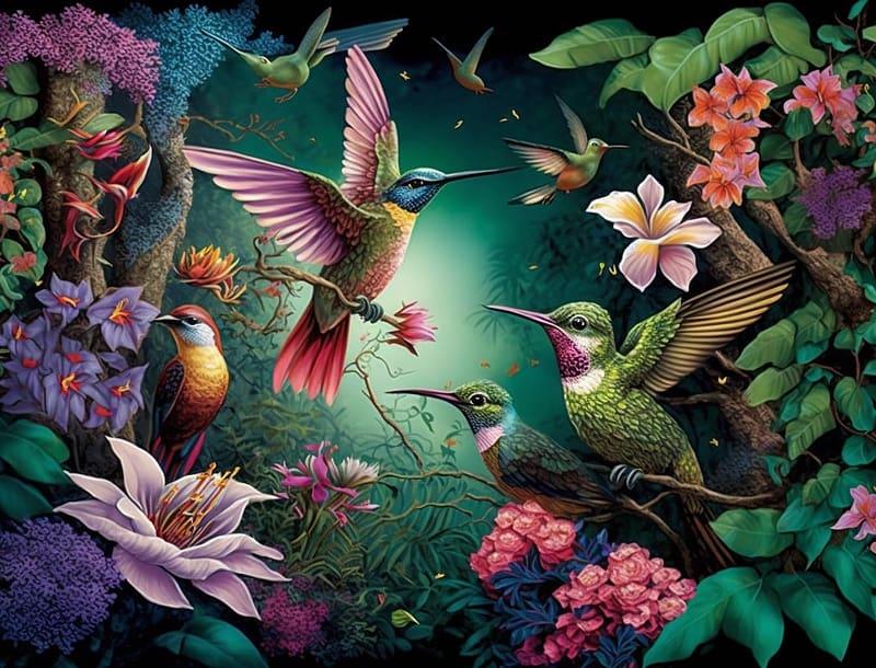 hummingbirds, puzzle, flowers, jigsaw, HD wallpaper