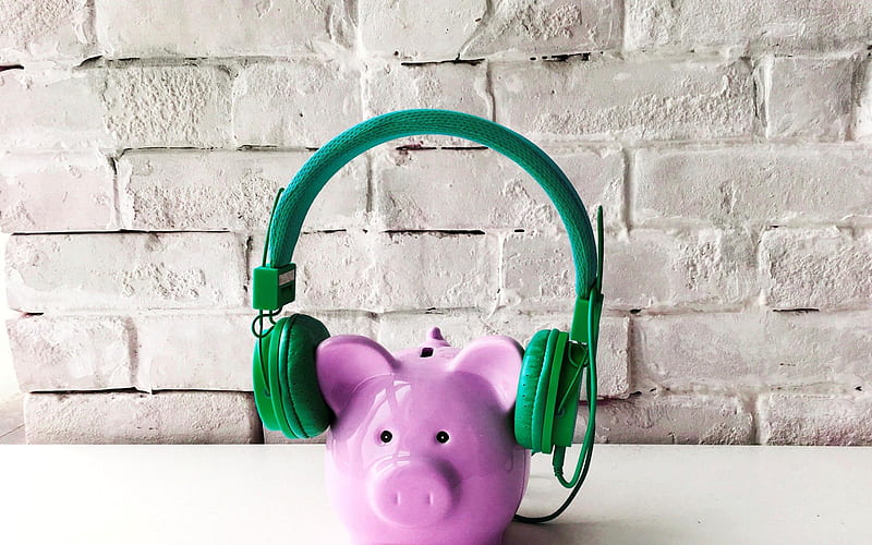 pink piggy bank, green headphones, investment concepts, finance, deposits, HD wallpaper