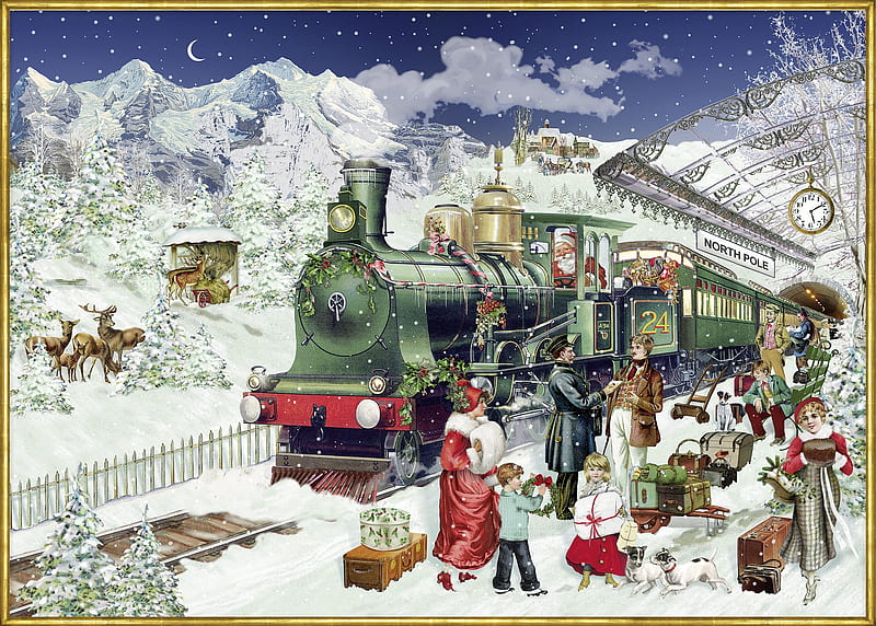 The Christmas Express, craciun, christmas, barbara behr, express, santa, alison gardiner, train, painting, pictura, HD wallpaper