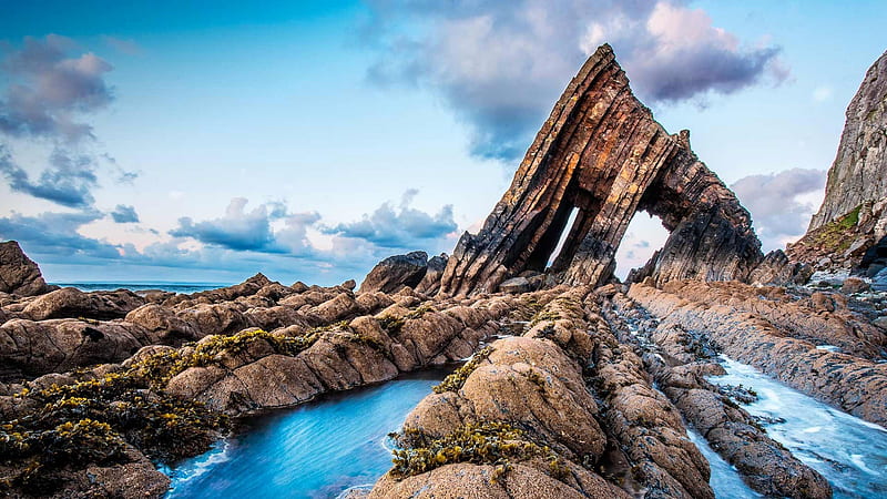 coast, rocks, ocean, waves, splashes, England, North Devon, Blackchurch Rock, HD wallpaper