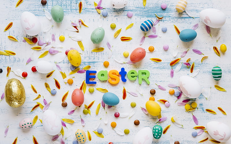 Easter, decoration, light Easter background, different Easter eggs, white wooden background, spring, decorated Easter eggs, Happy Easter, HD wallpaper