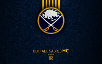 Buffalo Sabres, fiery logo, NHL, blue wooden background, american hockey  team, HD wallpaper