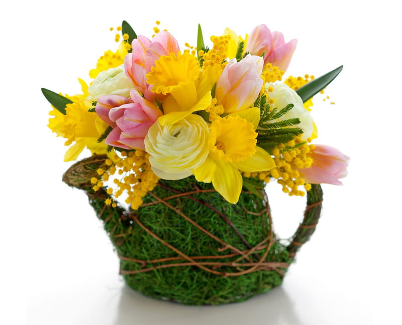 Spring Flowers, bouquet, daffodils, flowers, spring, tulips, mimosa, HD wallpaper