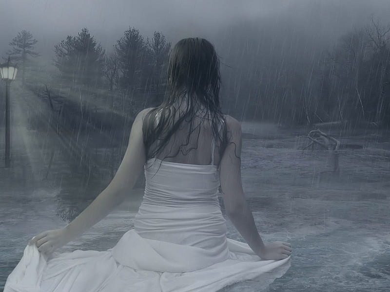 Gone forever in the rain, female, foggy, cg, trees, abstract, 3d, people, sad, rain, HD wallpaper