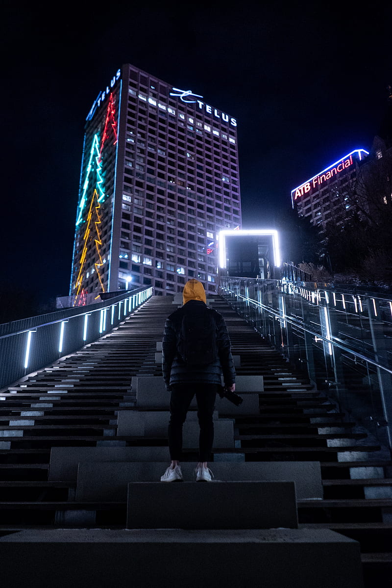man, night city, building, hood, lonely, HD phone wallpaper