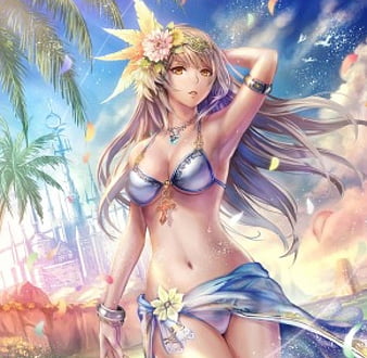 Summer Girl, bonito, woman, clouds, sea, beach, anime, flowers, beauty, anime  girl, HD wallpaper | Peakpx