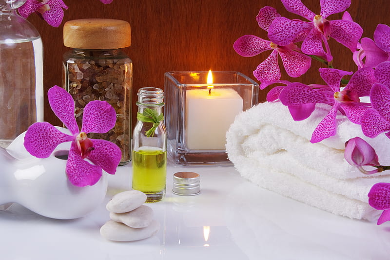 Spa accessories, Oil, Towel, Orchids, Candle, HD wallpaper