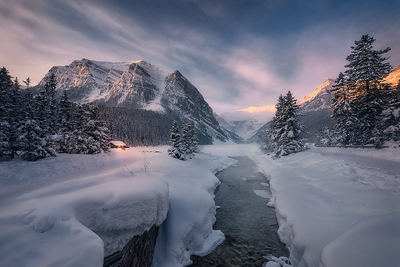graphy, Winter, Alberta, Banff National Park, Cabin, Canada, Canadian Rockies, River, Snow, HD wallpaper