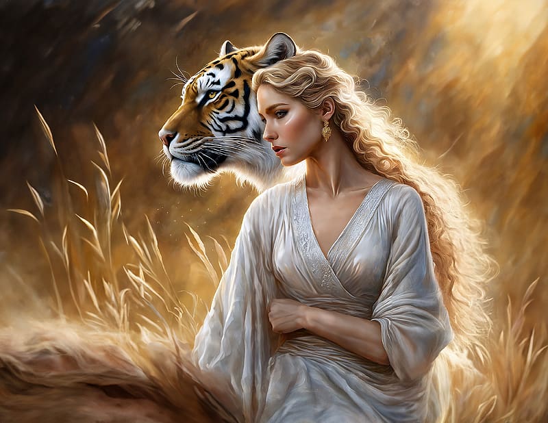 Beauty and the beast, cat, big cat, girl, blonde, tiger, superb, frumusete, fantasy, gorgeous, woman, pisici, art, HD wallpaper