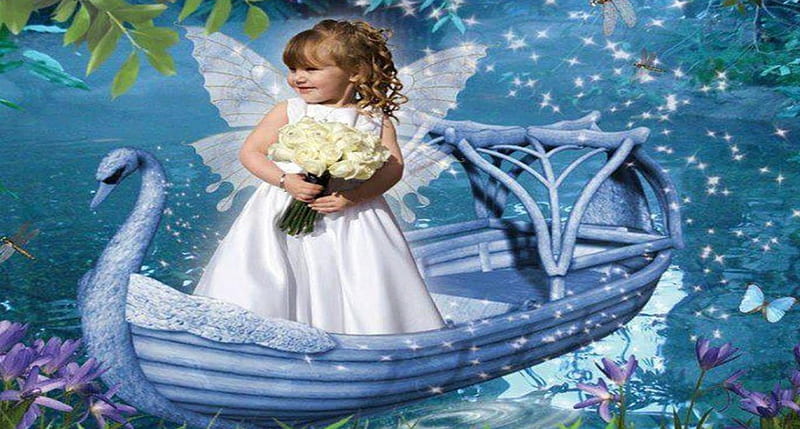 little angel, boat, butterfly, lake, dragonflies, HD wallpaper