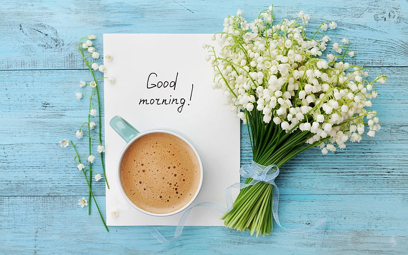 Good Morning!, lily of the valley, coffee, flower, cup, spring, white, blue, card, HD wallpaper