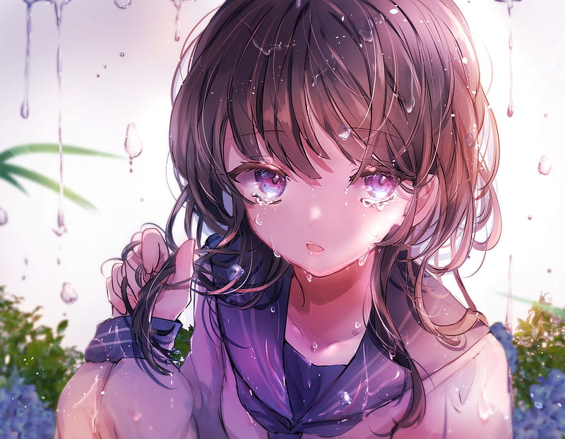 anime school girl, sadness, tears, crying, raining, school uniform, brown hair, Anime, HD wallpaper