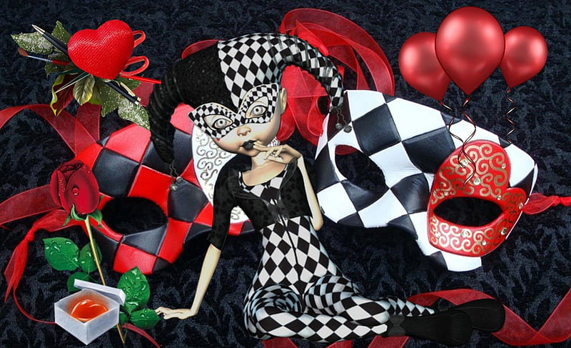 Carneval, red, clown, love, heart, black, HD wallpaper