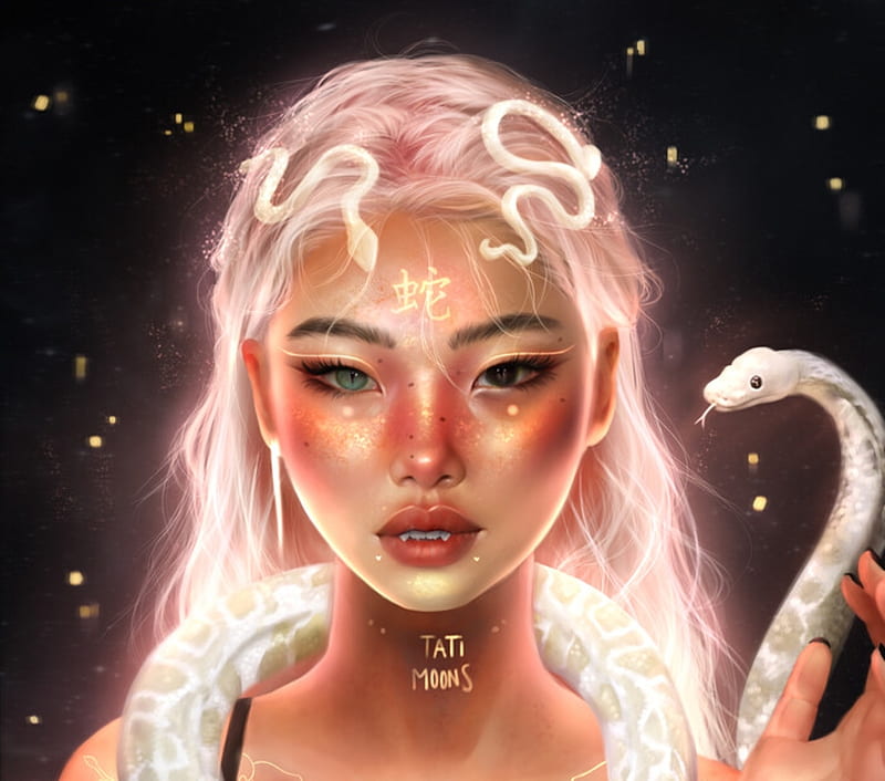 Chinese Zodiac ~ Snake, snake, fantasy, girl, zodiac, chinese, face, pink, tati moons, HD wallpaper