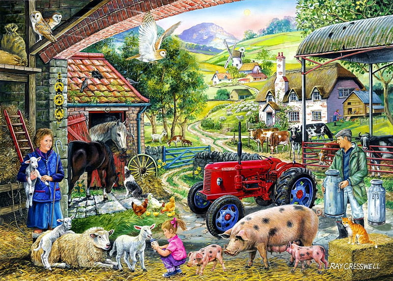 Farmhouse Holidays, sheep, pigs, tractor, cottage, people, artwork, horses, HD wallpaper