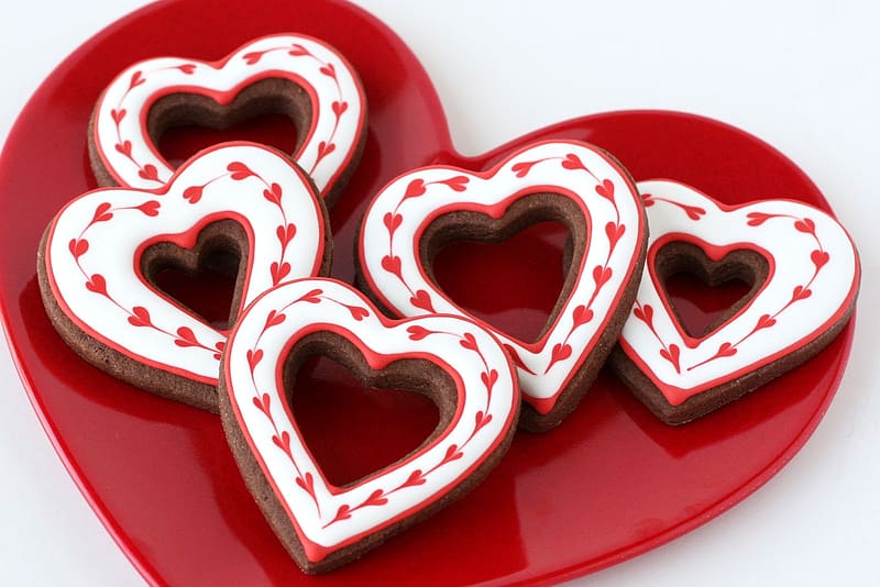 Valentine's cookies, sweet, valentine, white, day, heaet, red, dessert, cookie, food, HD wallpaper