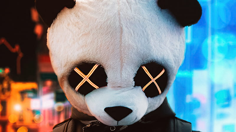 Panda Glowing Eyes City , panda, mask, artist, artwork, digital-art, HD wallpaper
