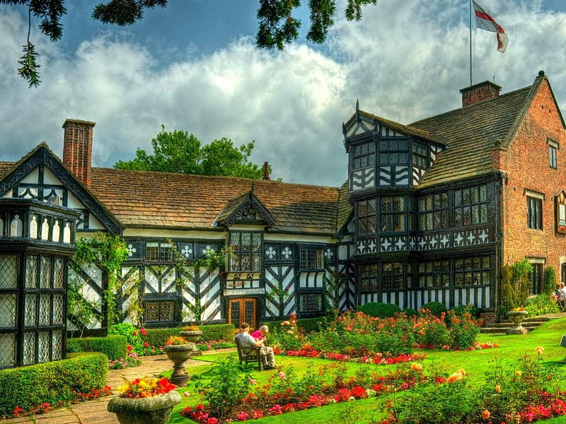 Gawsworth Old Hall, building, architecture, Gawsworth-Old-Hall, garden, HD wallpaper