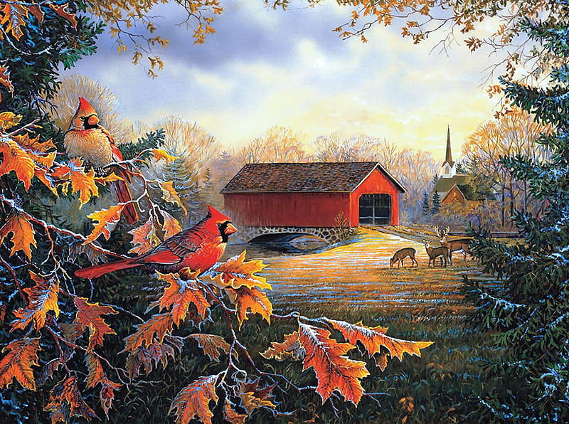 Autumn Red River Crossing F1, art, songbirds, bonito, church, illustration, artwork, deer, animal, cardinals, bird, avian, painting, wide screen, wildlife, chapel, HD wallpaper