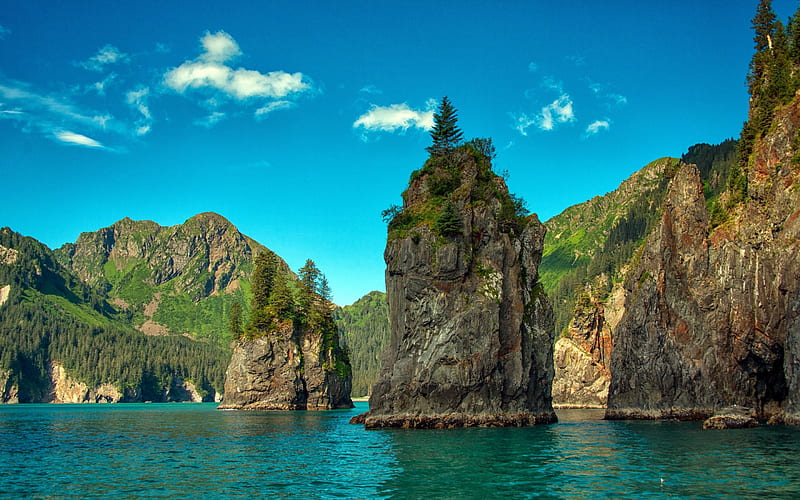 Kenai Fjords National Park, America, sea, cliffs, mountains, Alaska, USA, HD wallpaper
