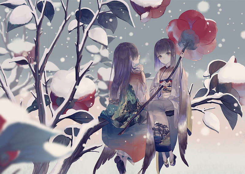 anime girls, winter, tree, snow, giant flower, kimono, friends, Anime, HD wallpaper
