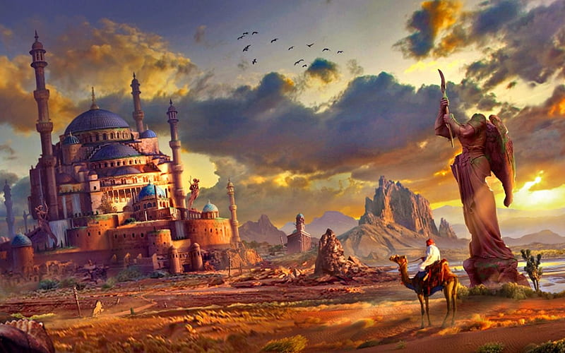 Tylos, fantasy, city, desert, ruins, landscape, HD wallpaper