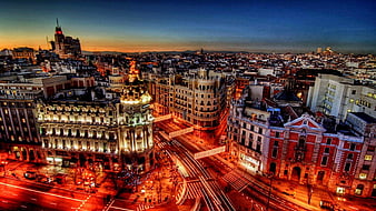 Madrid City Skyline Gran Via Street Twilight Spain Stock Photo