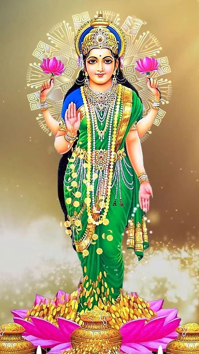 Mahalaxmi Standing On Lotus, mahalaxmi , maa laxmi standing on lotus, hindu goddess, bhakti, devotional, HD phone wallpaper