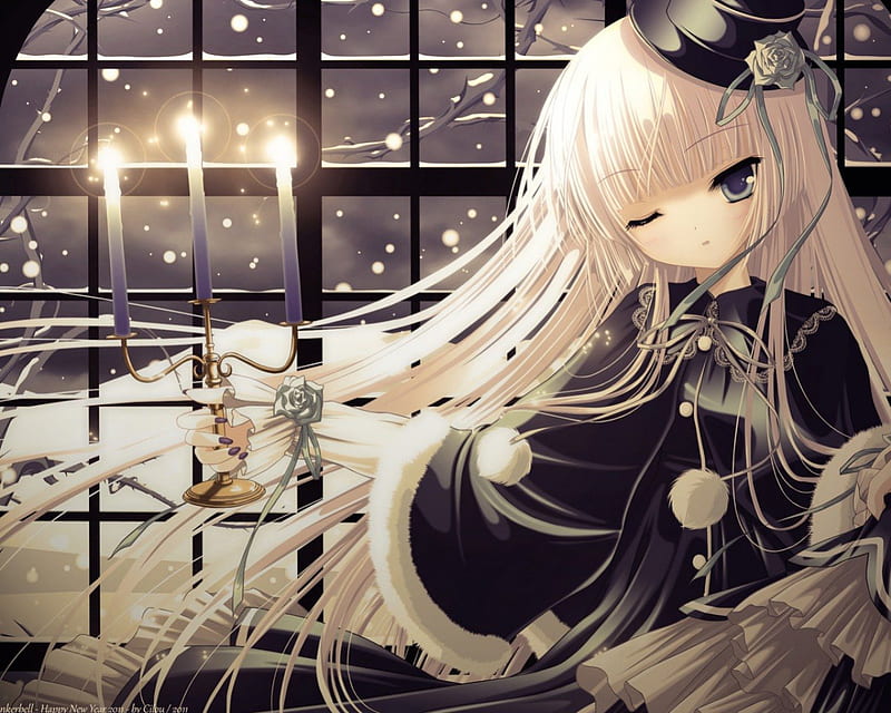 ☢~|Ғℓαмɛ|~☢, Goth, bonito, Blaze, Fair Skin, Frills, Nailpaint, Blush, Window, Jacket, Flower, Night, Black, Branches, Curious, Child, Snowfall, Dark outfit, Green Eyes, Snow, Candles, Gothic, Christmas, Anime, Cold, White, Soft, dark, White Hair, Winter, Alone, Sweet, Candle, Innocent, Trees, Long Hair, Girl, Hat, Victorique de Blois, Tinkle Artworks, Gosick, Lovely, Rose, Wink, Shiny, Lonely, Serious, Cute, Lolita, Ribbons, HD wallpaper