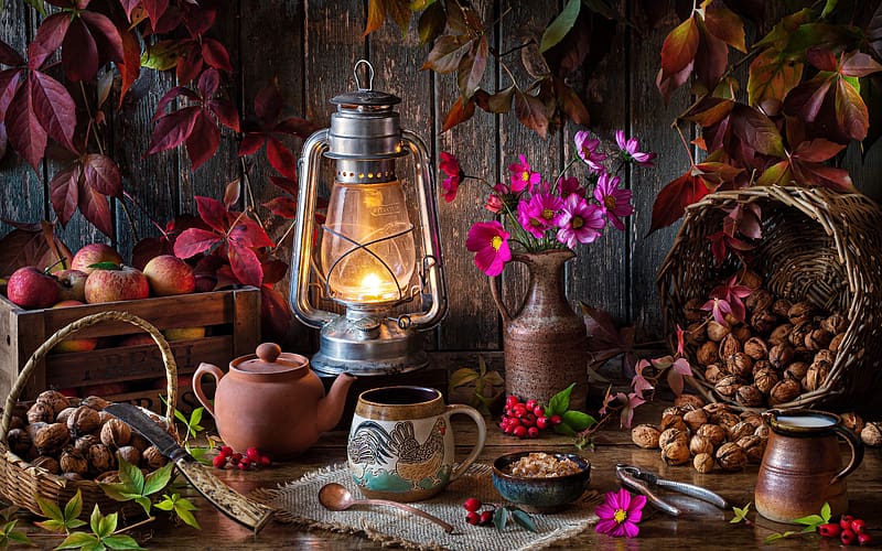 Autumn Still Life, still life, rowanberries, leaves, apples, cosmos flowers, lamp, nuts, baskets, HD wallpaper