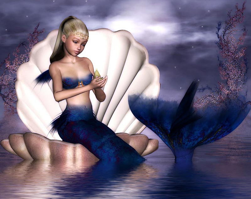 MERMAID FANTASY, stars, female, mermaid, sky, fantasy, moon, shell, reflection, blue, HD wallpaper