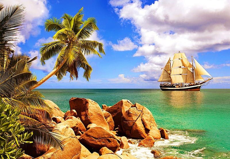 Tropical sailing, rocks, ky, breeze, sailing, bonito, clouds, sea, palm trees, beach, nice, stones, tropics, blue, rest, vacation, elax, exotic, boast, lovely, s, ocean, relax, emerald, palms, water, summer, island, nature, sailboat, tropical, sands, HD wallpaper