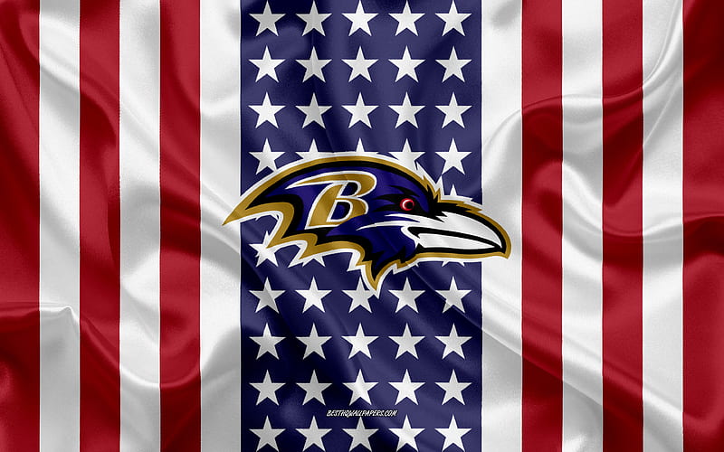 Baltimore Ravens logo, emblem, silk texture, American flag, American football club, NFL, Baltimore, Maryland, USA, National Football League, american football, silk flag, HD wallpaper