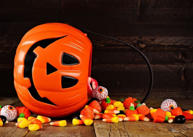 :), orange, candy, halloween, decoration, pumpkin, deco, card, HD wallpaper