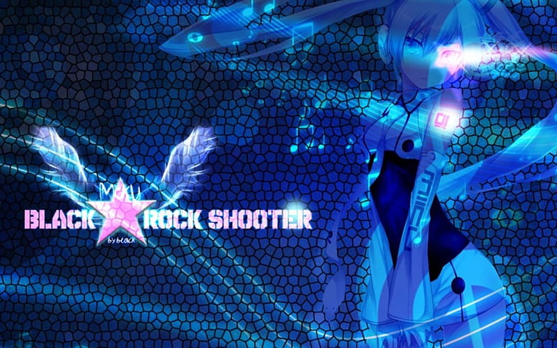 Black Rock Shooter and Hastune Miku, wings, anime, black rock shooter, music, hastune mik, blue, vocloid, HD wallpaper