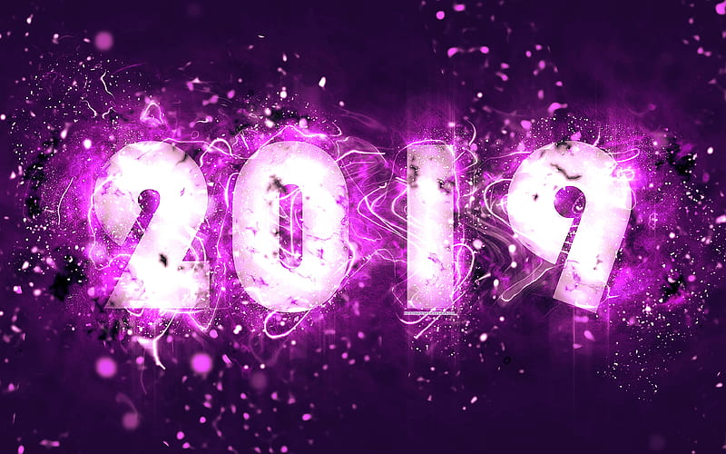 2019 year, violet background, neon lights abstract art, creative, 2019 concepts, violet neon, Happy New Year 2019, HD wallpaper