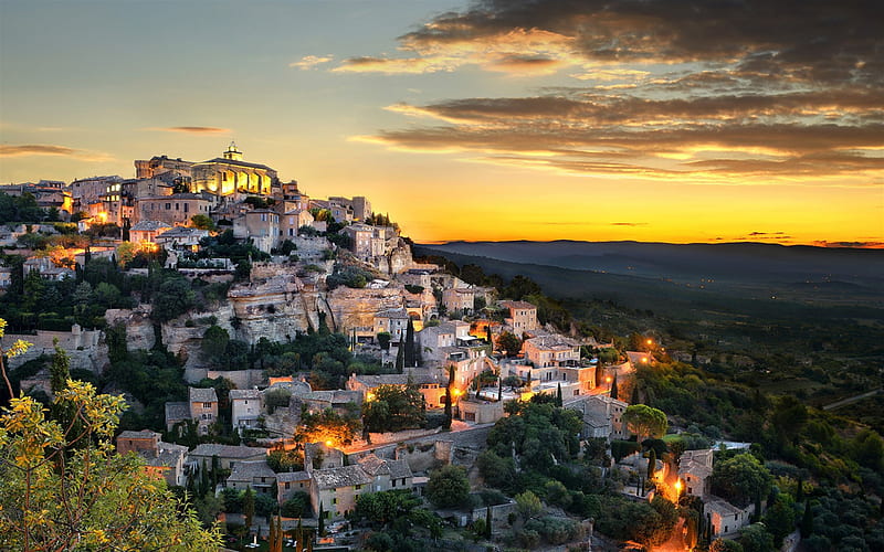 Gordes, beautiful city, evening, sunset, city on the mountain, Provence-Alpes-Cote dAzur, France, HD wallpaper
