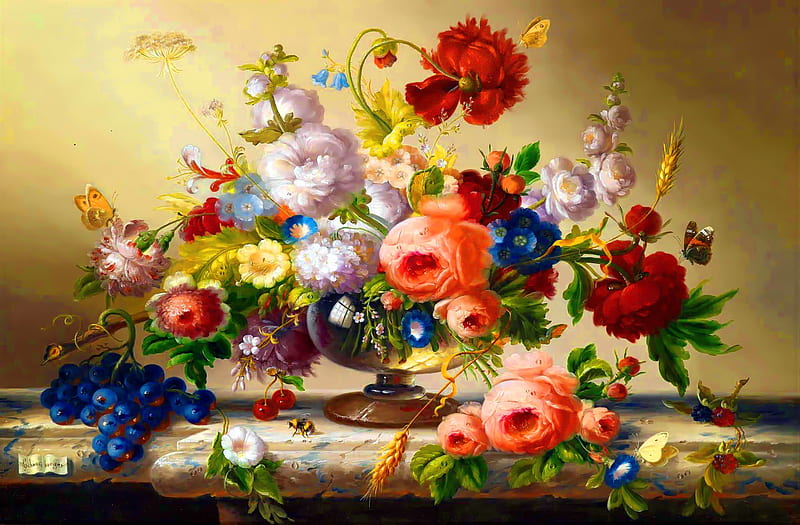 Floral fantasy, pretty, colorful, art, lovely, fruits, vase, bonito, floral, grape, still life, fantasy, nice, painting, flowers, HD wallpaper