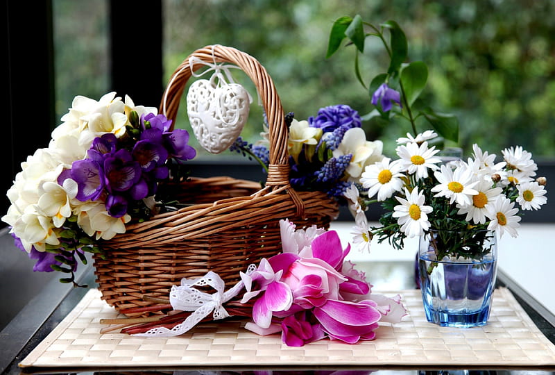 Flowers, baskets, Hyacinths, Camomiles, Wicker, Camomile, Hyacinth, basket, Cyclamens, Cyclamen, Flower, HD wallpaper