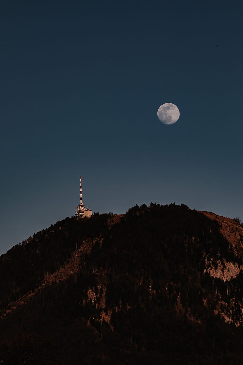 moon, hill, tower, trees, HD phone wallpaper