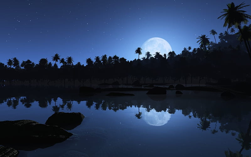 Aqua Blue Night-Nature Landscape, HD wallpaper
