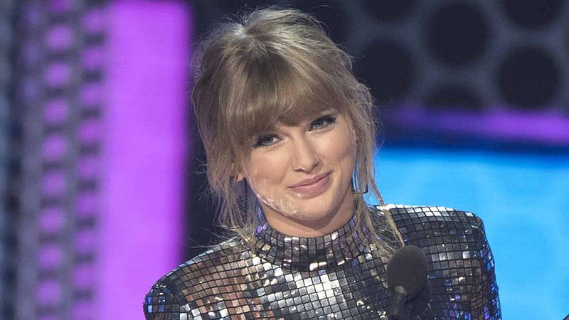 Smiling Taylor Swift Is Wearing Glitter Black Dress Standing In Blue Purple Background Taylor Swift, HD wallpaper