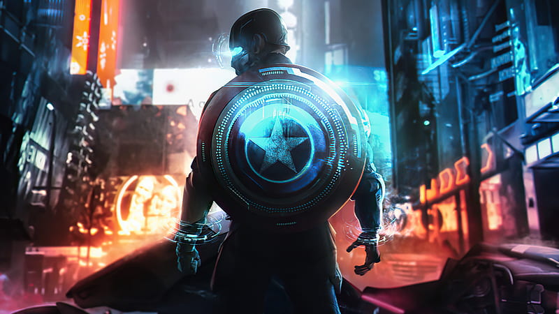 Cyber Captain America , captain-america, cyberpunk, neon, superheroes, artist, artwork, digital-art, HD wallpaper