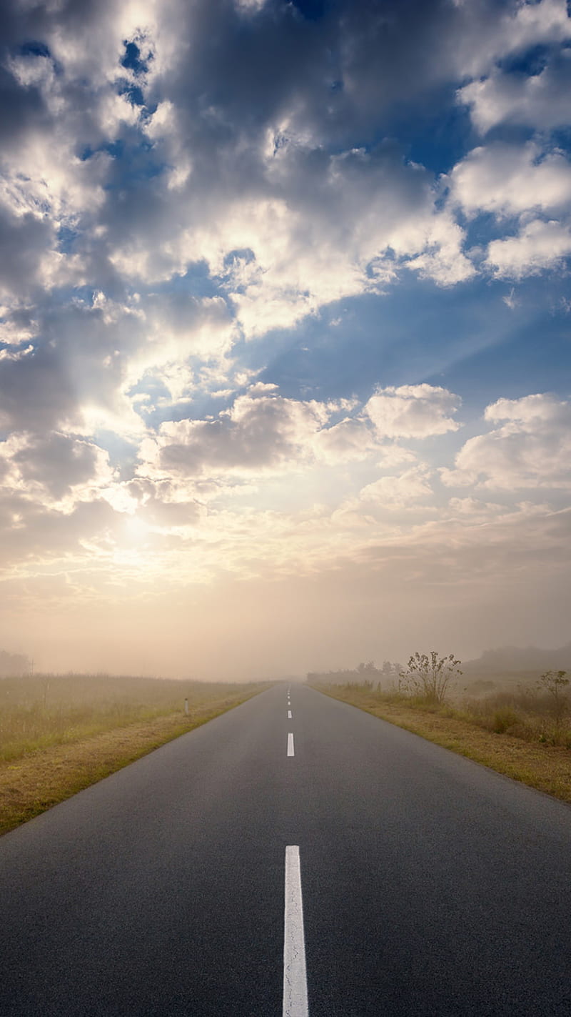 Road, clouds, nature, sky, straight, sunset, HD phone wallpaper